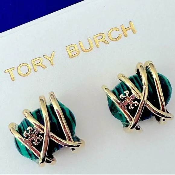 TORY BURCH LOGO MALACHITE & GOLD STUD EARRINGS - Picture 3 of 3